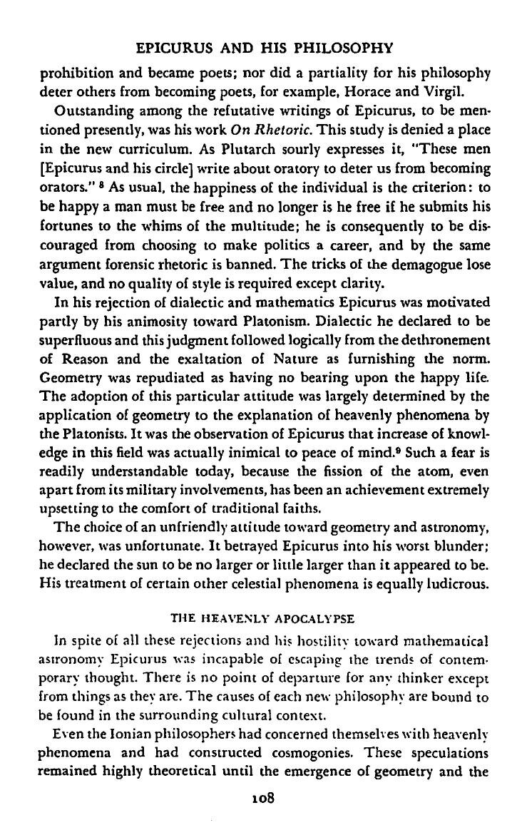 DeWitt, Epicurus and His Philosophy, Ch. VI: "Geometry was repudiated as having no bearing upon the happy life."