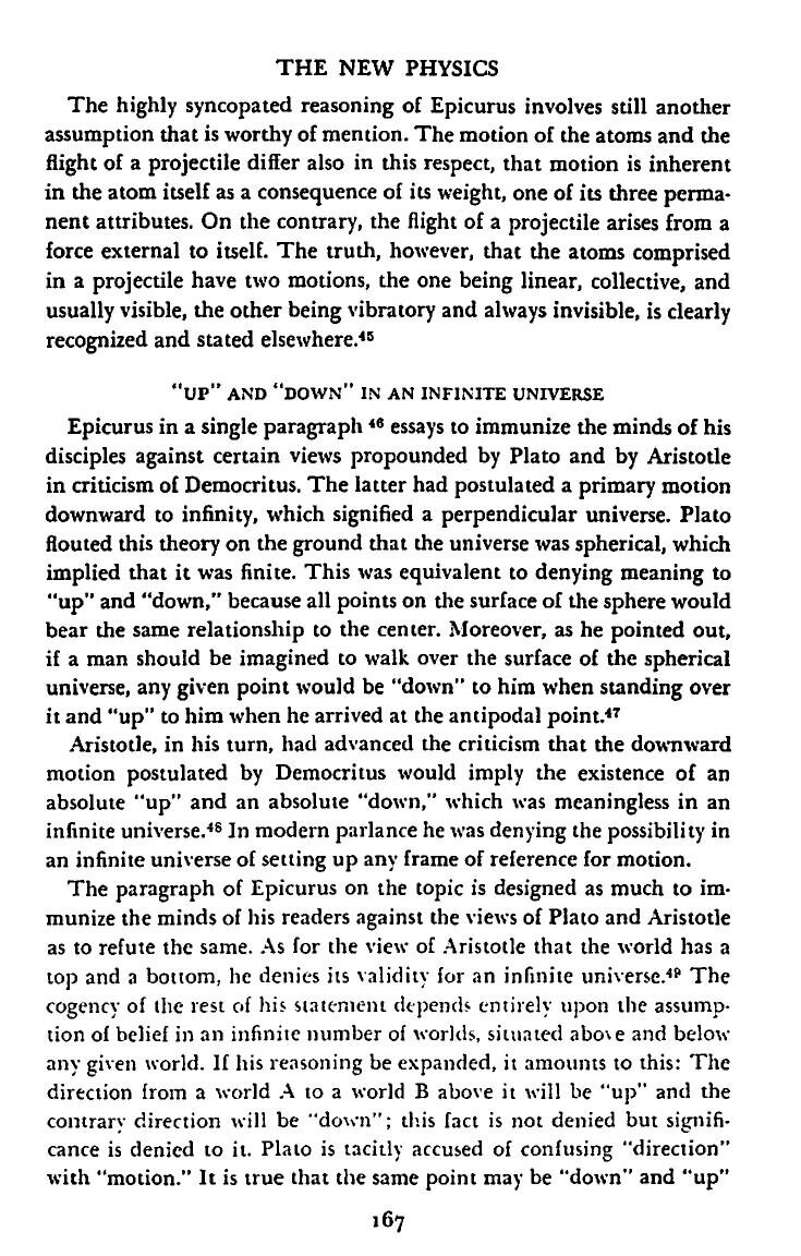 DeWitt, Epicurus and His Philosophy, Ch. IX: "Plato flouted this theory on the ground that the universe was spherical, which implied that it was finite."