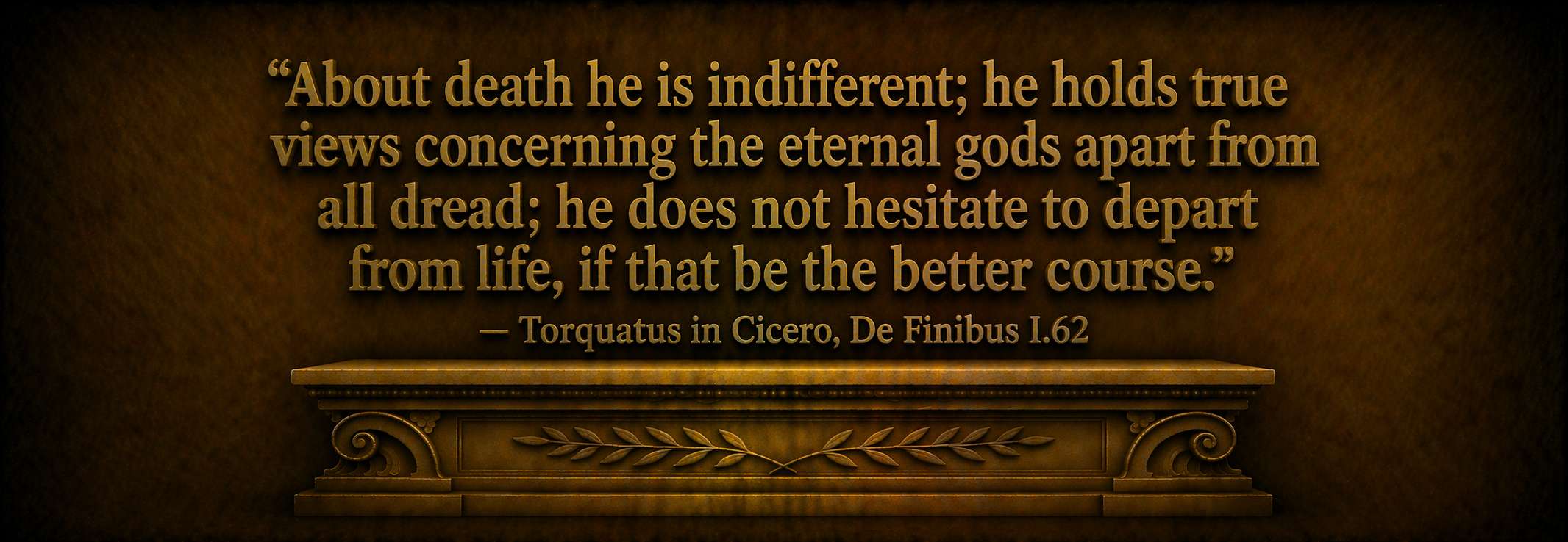 "About death he is indifferent; he holds true views concerning the eternal gods apart from all dread; he does not hesitate to depart from life, if that be the better course."  --  Torquatus in Cicero, De Finibus I.62