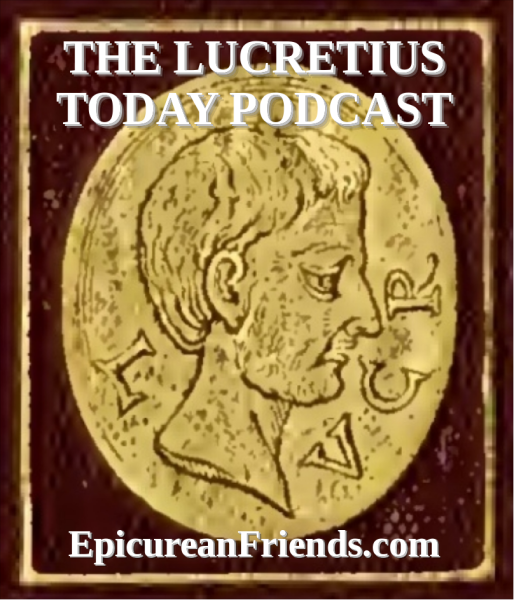 The Lucretius Today Podcast cover art -- a gold coin profile of Lucretius, with EpicureanFriends.com